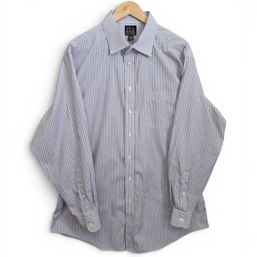 Jos A Bank Dress Shirt Mens 17.5 35 Purple Striped Button Up Cotton Tailored